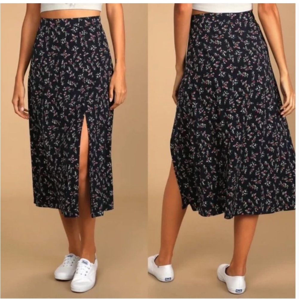 Lulu's Bliss Me Navy Blue Floral Print Midi Maxi Skirt Side Slit Size M